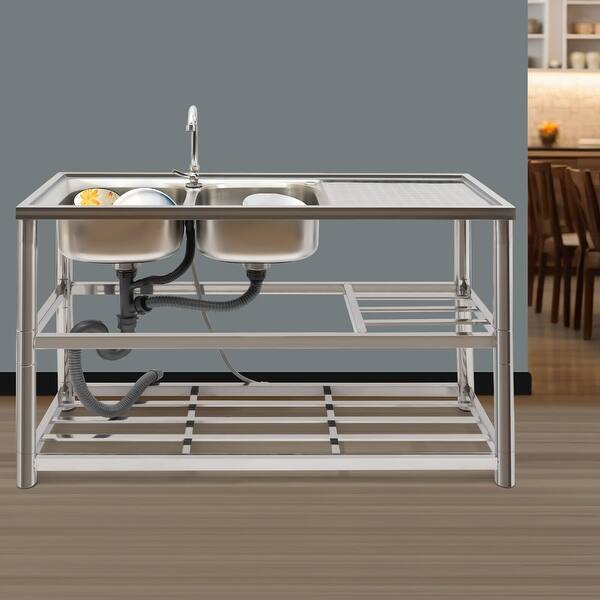 Free Standing StainlessSteel Double Bowl Commercial Kitchen Sink. On