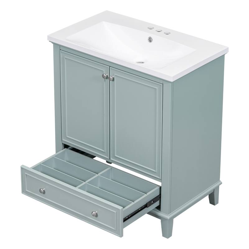 Bathroom Vanity with Ceramic Sink, Solid Wood & MDF Base, 1 Drawer & 2 Doors, Adjustable Shelf - 30in L Solid Wood+MDF