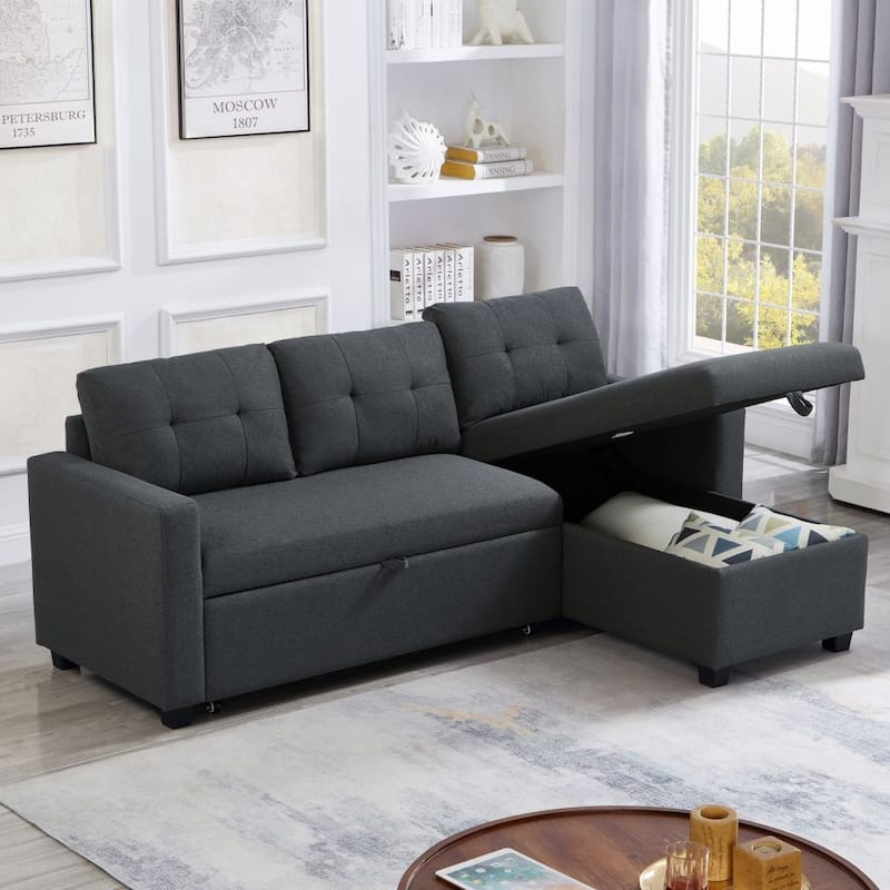 Upholstered Pull Out Sectional Sofa with Storage Chaise, Convertible Corner Couch