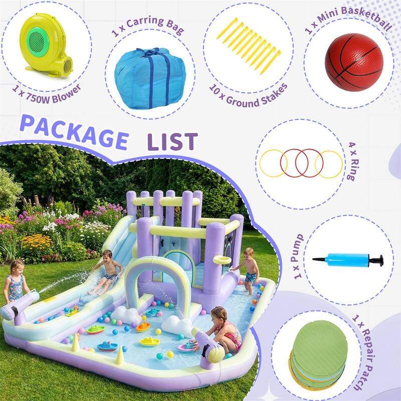 Oxford Cloth Rainbow Inflatable Water Bounce Castle In Pink And Purple With Slide And Climbing Wall - N/A