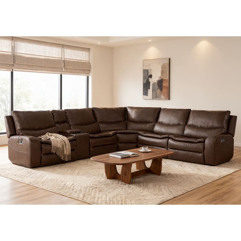 6PCS, 2 Power Recliners, Faux Leather Sectional with Adjustable Headrests, Dodble Width Seat, Wireless Charging and Reading Lamp - Dark Brown