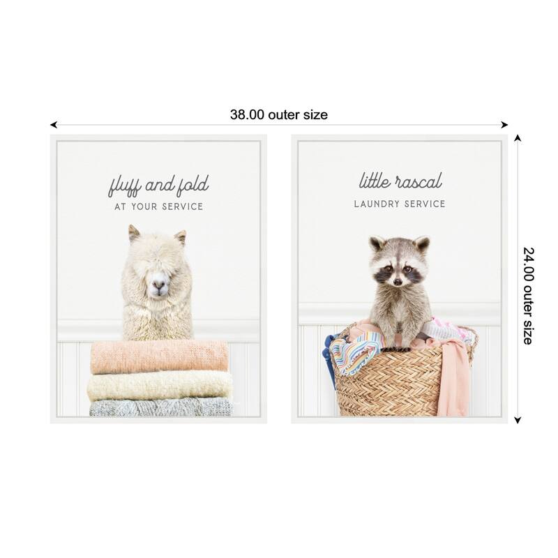 Kate and Laurel Sylvie Animal Fluff Fold and Racoon Little Rascal Laundry Framed Canvas Art Set by Amy Peterson
