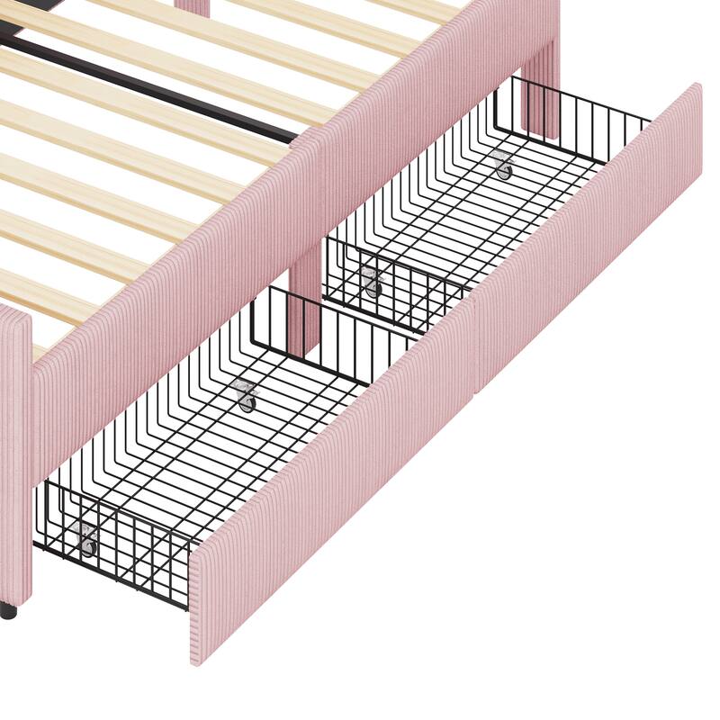 Vertical Lines Upholstered Platform Bed Frame with 2 Storage Drawers, L-Shaped Corduroy Daybed Sofabed