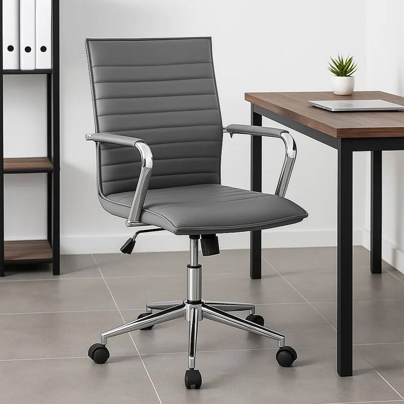 Kenny Commercial Grade Chair with Chrome Arms and Metal Base, Gray Vinyl