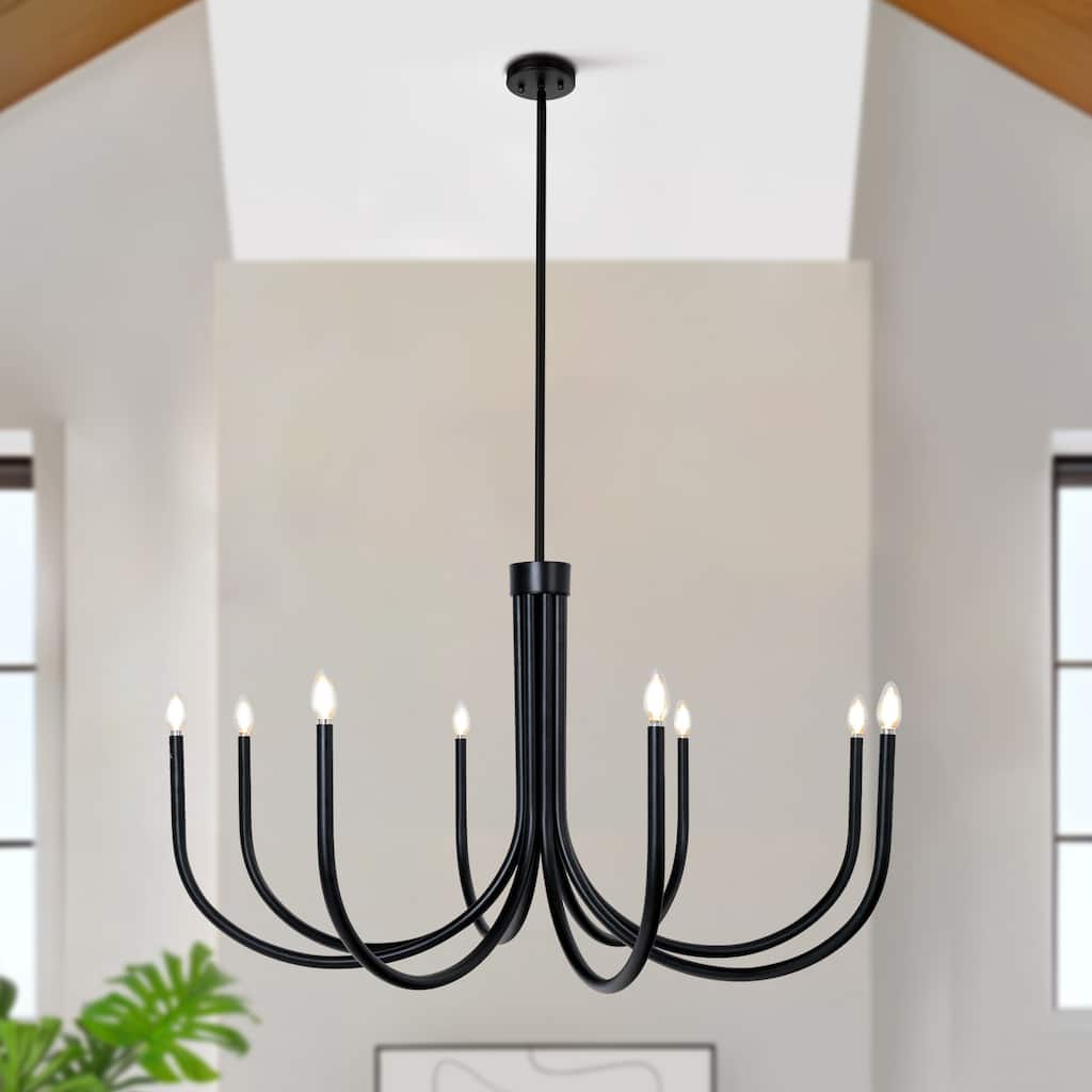 Modern Black 8 Light Chandelier Large Candle Lighting for Dining Room - Matte Black - W44.1"xH25.2"