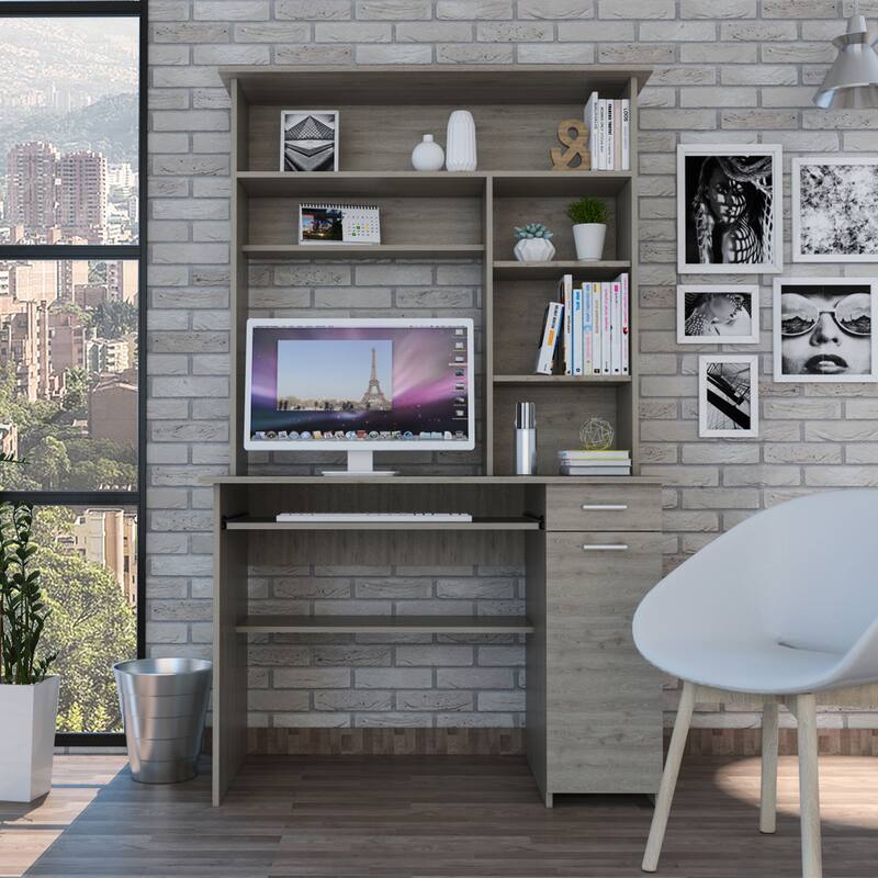 2 Drawer and 7 Shelf Computer Desk with Hutch - Natural
