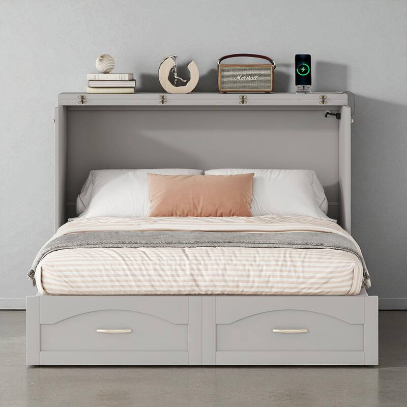 Full/Queen Size Murphy Wall Bed with USB Ports, Power Outlets, Drawers, Pulley System and Foldable Cabinet Design