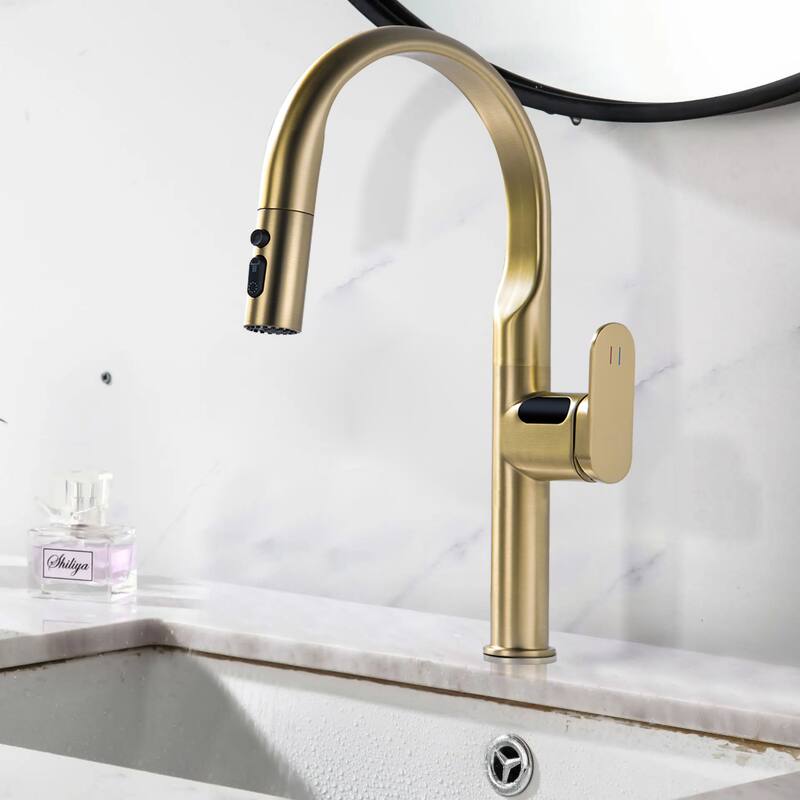 18''H 3-mode Temperature Display Kitchen Faucet with Pull Sown Sprayer in Black/Gold - Brushed Gold