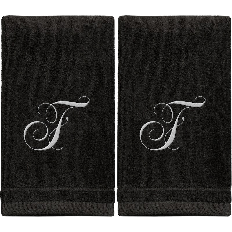 Monogrammed Black Towels Fingertip Embroidered with Initials - F