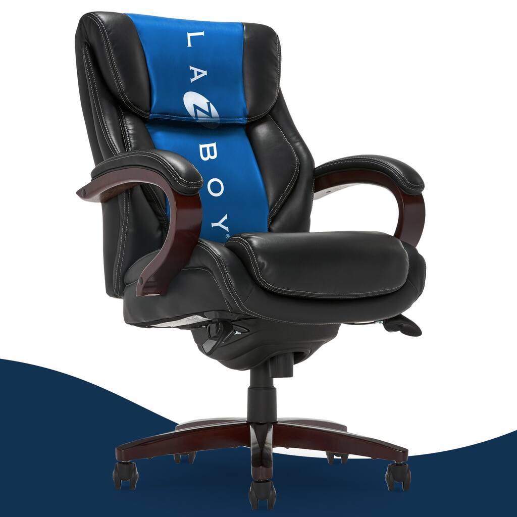 La-Z-Boy Bellamy Executive Leather Office Chair with Memory Foam Cushions, Solid Wood Arms and Base