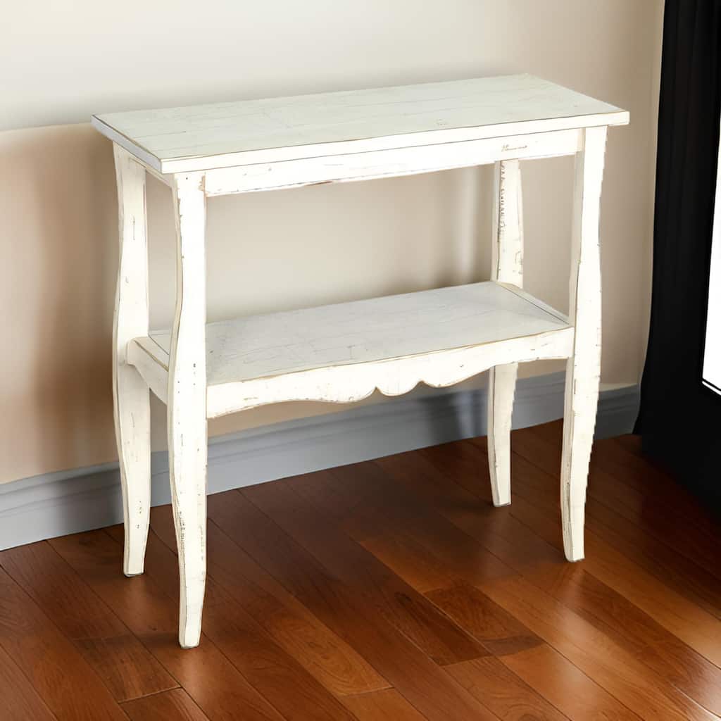 Rena Side End Table, Scallop Trim, 28 Inch Distressed White Mahogany