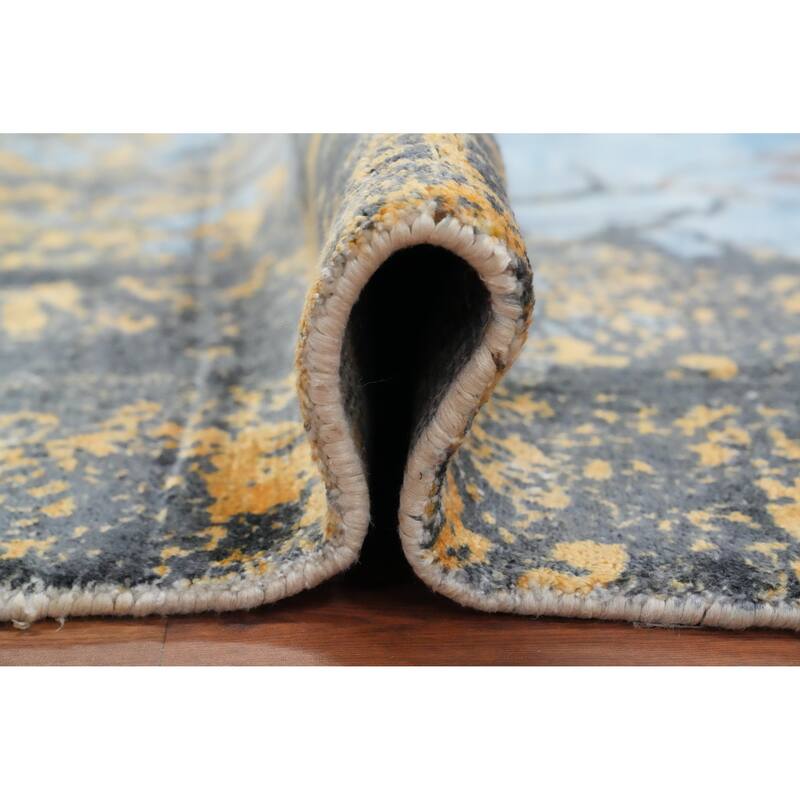 Hand Knotted Oriental Viscose Silk Carpet Modern Pictorial Navy Blue & Blues Abstract Area Rug - 7' 8'' X 5' 8''