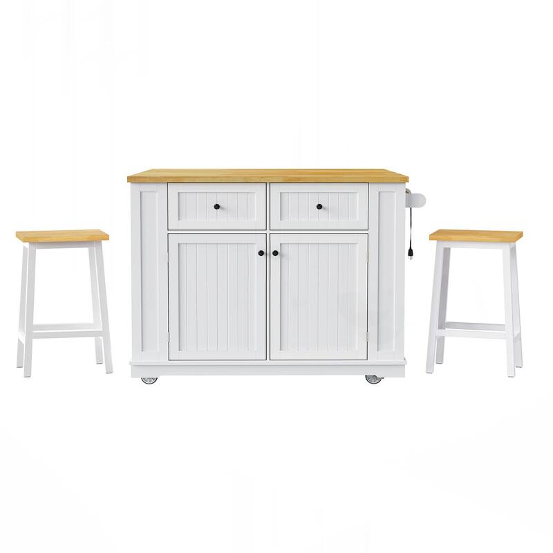Kitchen Island with 2 Bar Stools, Power Outlet, Door Internal Storage Rack, Kitchen Storage Cart on 5 Wheels with Drop Leaf