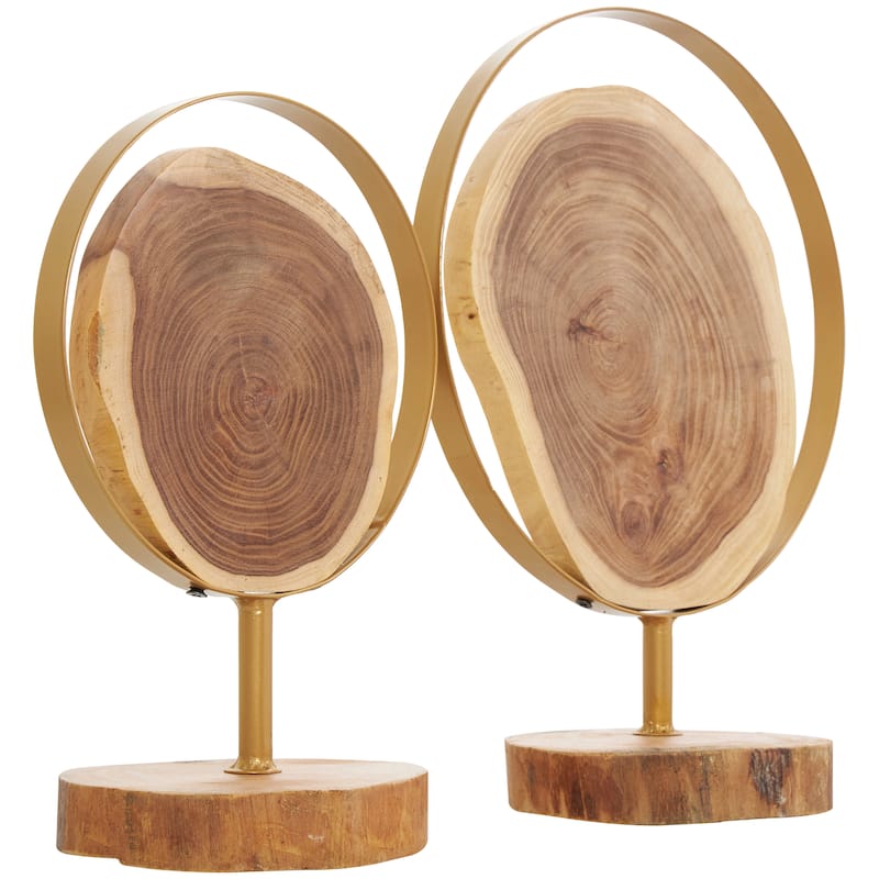 Brown Wood Handmade Live Edge Slab Abstract Decorative Sculpture with Gold Metal Rings (Set of 2)