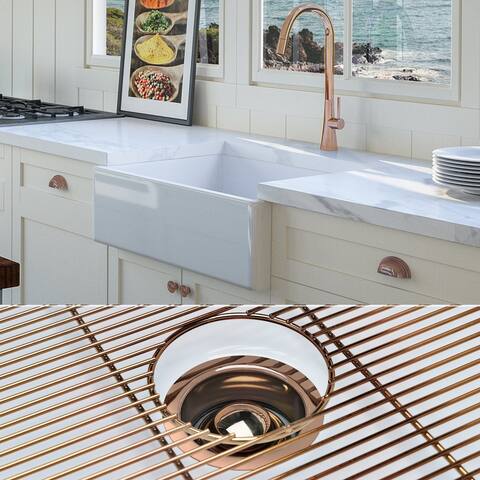 Fossil Blu 26-Inch SOLID Fireclay Farmhouse Sink in White, Polished Rose Gold Accessories, Flat Front - 26 x 20 x 10