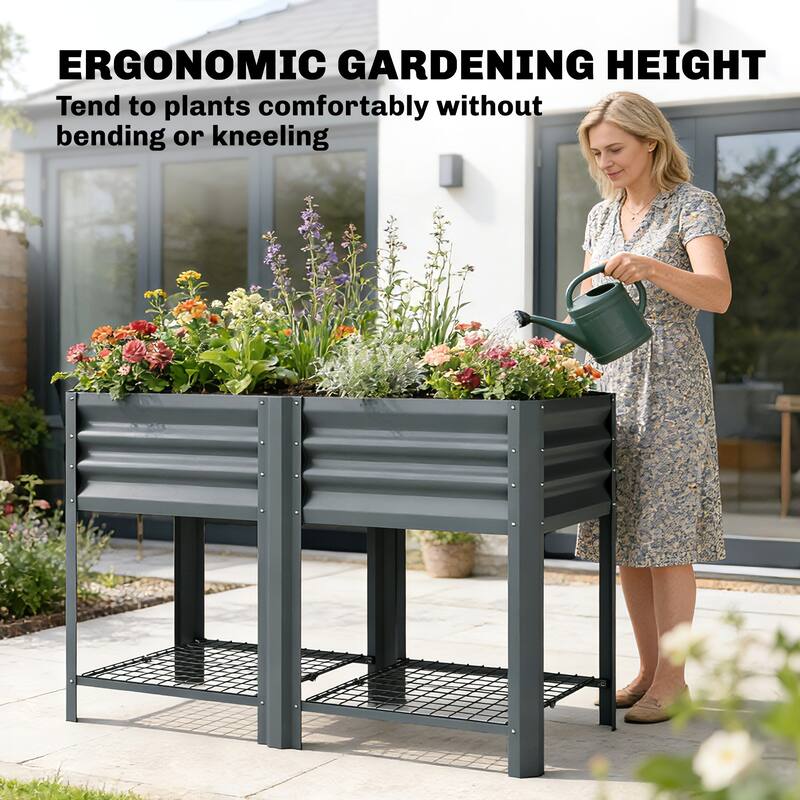 Outsunny Galvanized Steel Raised Garden Bed with Storage Shelf and Bed Liner, Elevated Planter Box with Legs