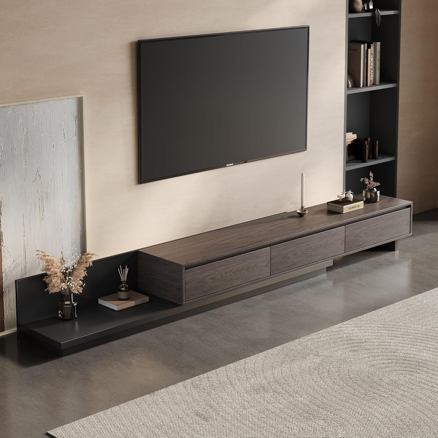 Mid-Century Modern Expandable TV Stand with 3 Drawers - Adjustable Entertainment Center (79" to 130")