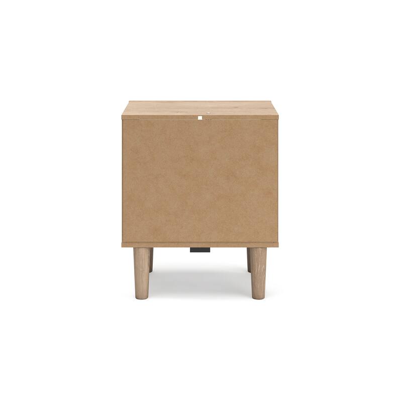 Ciel Nightstand w USB LED, Faux Linen Laminate, Cane Drawer, Oak Brown