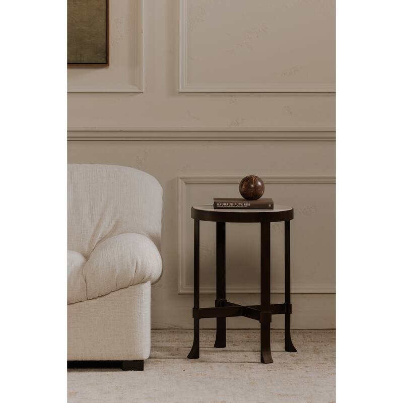 NADAAL STUDIOS Caelin Side Table, White Marble Top with Iron Base and Metal-Rim Edge, White