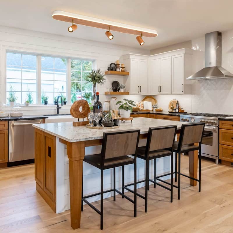 Farmhouse Wood LED Oval Linear Adjustable Spotlight Flush Mount - Oak + White