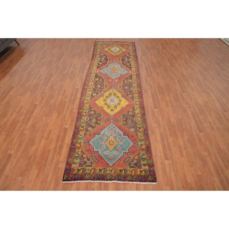 Hand Knotted Oriental 100% Wool Carpet Traditional Geometric Oranges & Rust Ardebil Runner Rug - 13' 9'' X 3' 11''