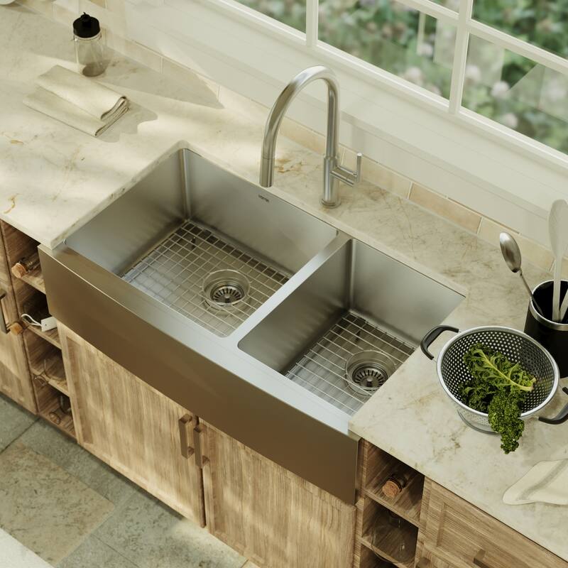 Karran 36" Undermount Double Bowl Stainless Steel Farmhouse Kitchen Sink Kit