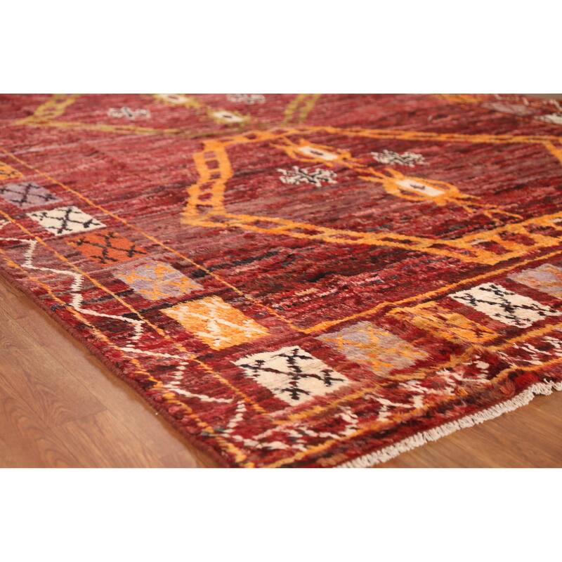 Geometric Red Moroccan Oriental Area Rug Hand-Knotted Wool Carpet - 6'10" x 9'7" - 6'10" x 9'7" - Red