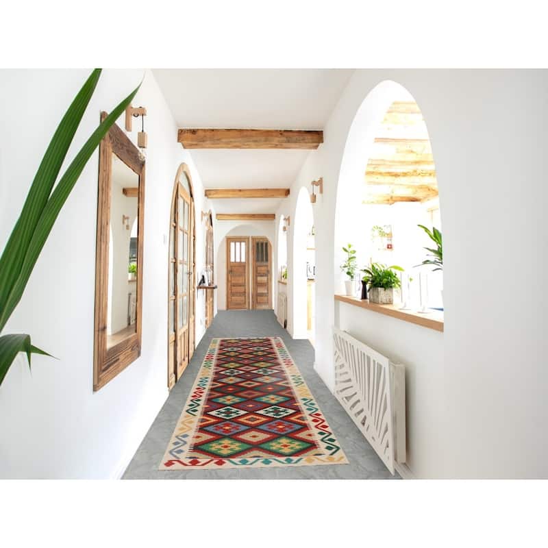 Hand Woven Oriental 100% Wool Carpet Southwestern Geometric Multi-Colored Kilim Runner Rug - 13' 2'' X 2' 9''