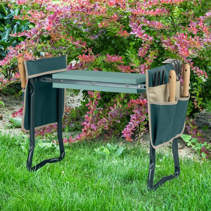 Garden Kneeler and Seat - Kneeling Pad Garden Stool with Tool Pouches by Pure Garden (Green)