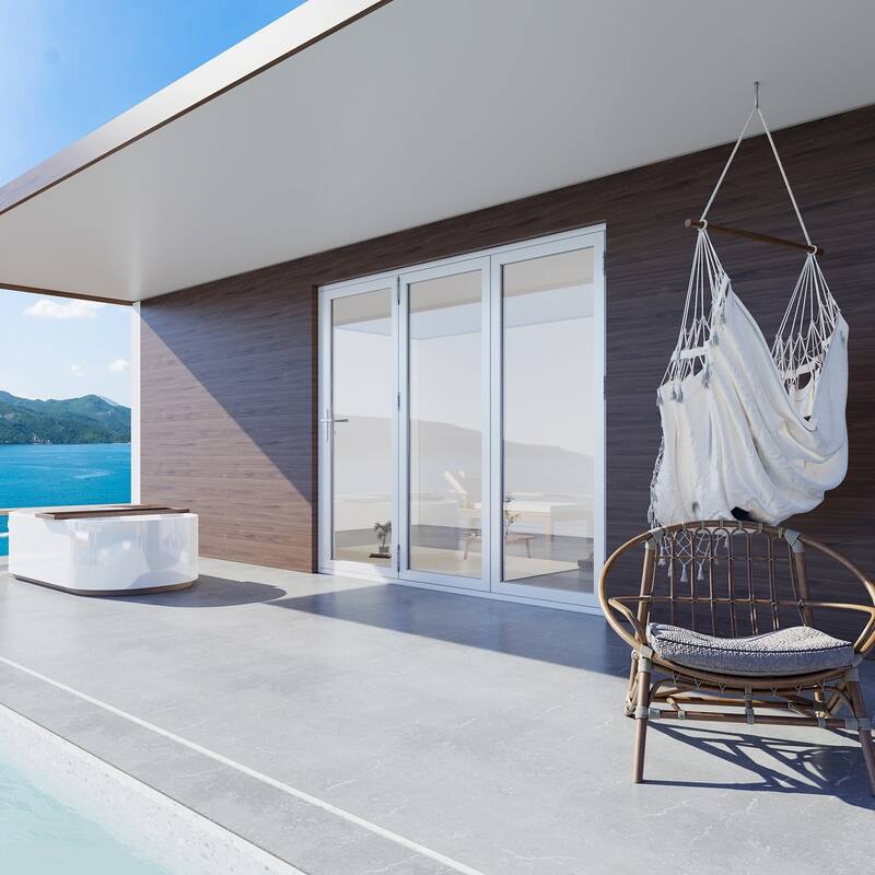 KaMic 108" X 80" 3 Panels Aluminum Folding Door In White, Folded Out From Left To Right Model #:FD3PWH10880-LR