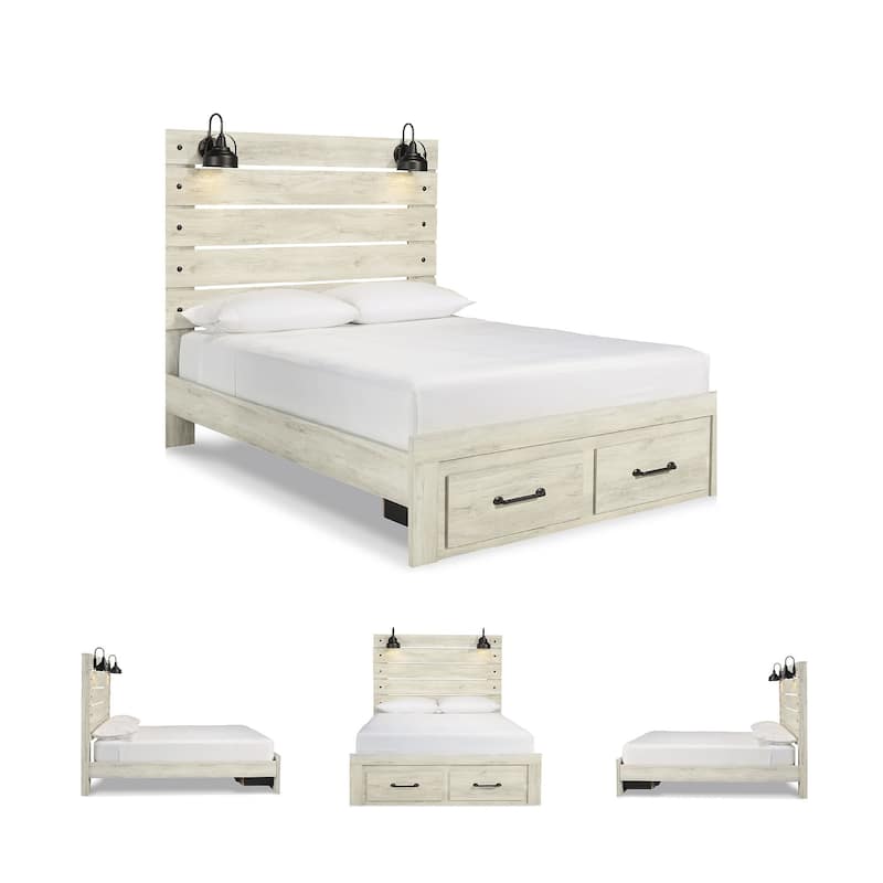 Cambeck Whitewashed Panel Bed w/ 2 Footboard Storage Drawers