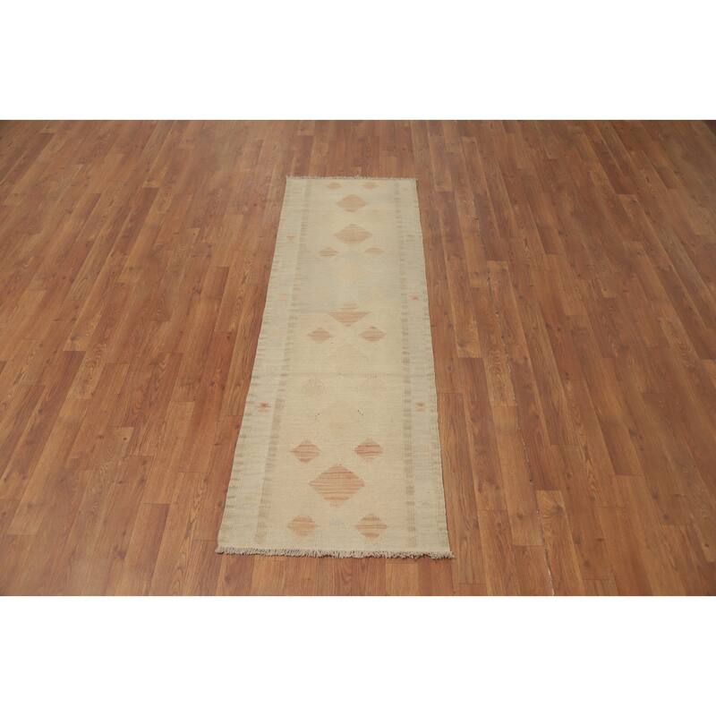 Hand Woven Oriental 100% Wool Carpet Southwestern Tribal Beige & Ivories Kilim Runner Rug - 5' 9'' X 2' 0''