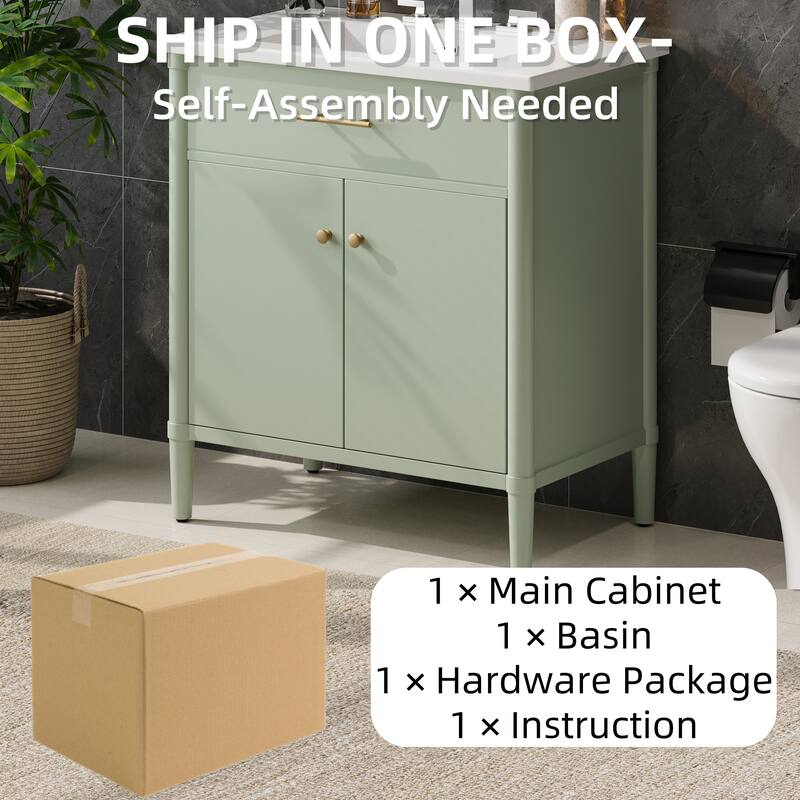 Bathroom Vanity with Ceramic Sink, Wooden Bathroom Storage Cabinet, Bathroom Cabinet with Soft Close Doors & Adjustable Shelf