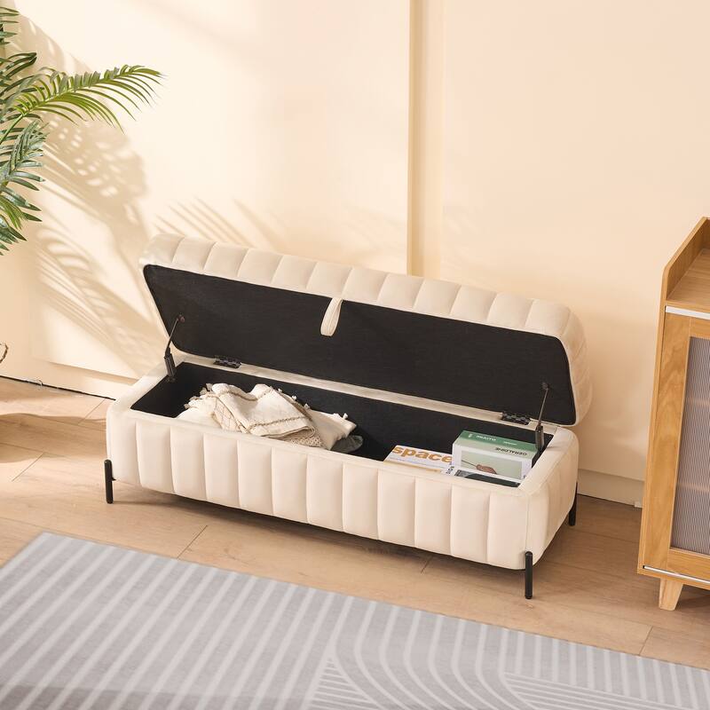 49.21" Upholstered Velvet Storage Bench with Metal Legs for Bedroom - Beige