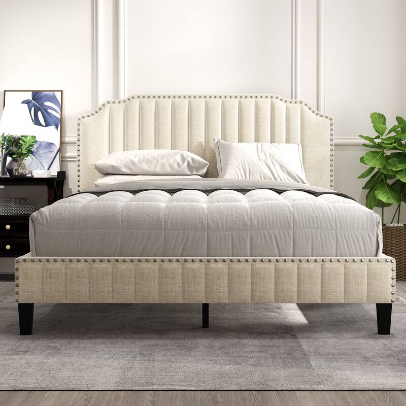 Chic Queen Linen Upholstered Platform Bed with Wood Frame, Nailhead ...