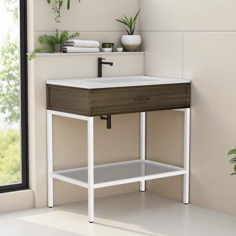 24/30/36-Inch Modern Bathroom or Patio Vanity with Metal Frame and Open Shelf, Black/White