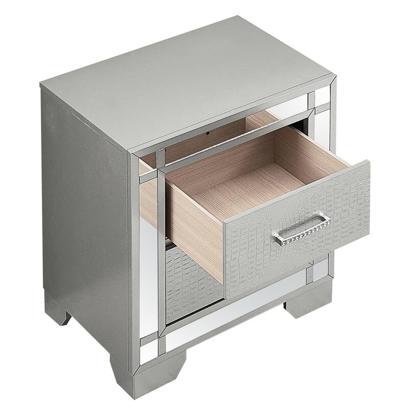 Modern 23-in Silver Champagne Textured Croc 2-Drawer Nightstand with Mirror Accents