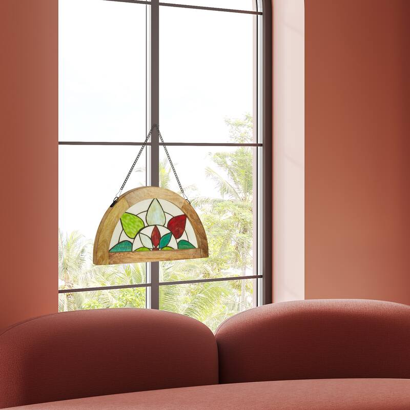 River of Goods 14-Inch Arch Flower Stained Glass Window Panel - 24" x 1" x 14"