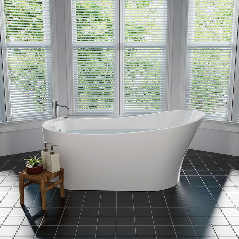 Empava 67 in. x 29.5 in. Freestanding Flat Bottom Bath Tub Soaking Bathtub with Left Drain in White