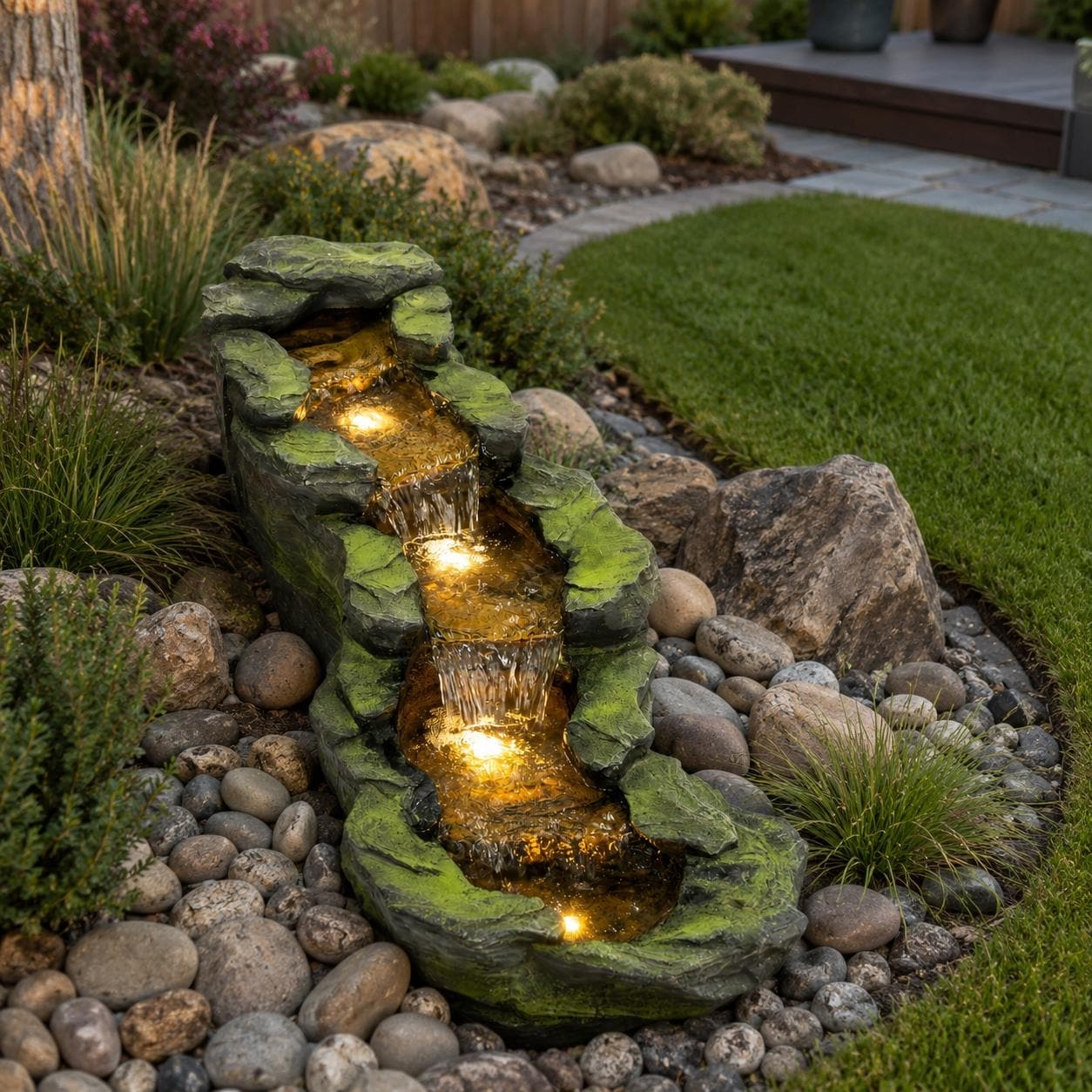 Outdoor Water Fountain 41.3", Long Rock Waterfall Fountain with Warm LED Lights, Resin Cascading Stream Water Feature