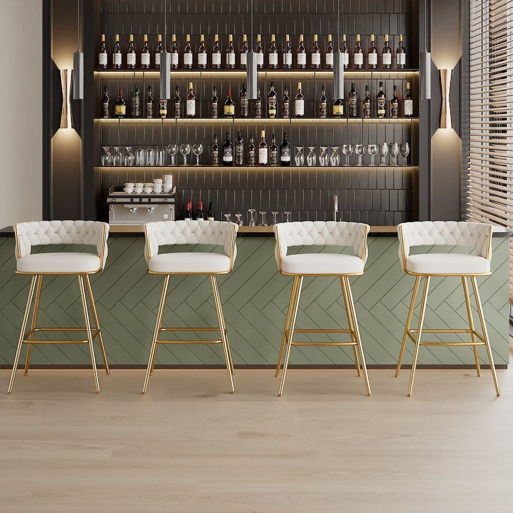 VECELO Counter Height Bar Stools with Woven Backrest 26.77" Seat Height Mid-Century Modern Upholstered Bar Chairs for Kitchen