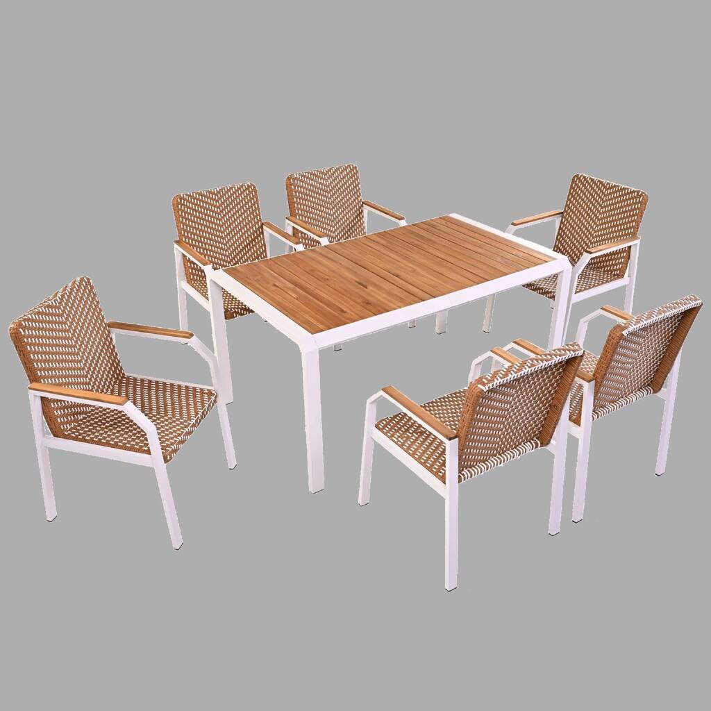 Acacia Wood Patio Dining Set, 7-Piece Rattan Dining Set with 6 Chairs, Outdoor Furniture for Garden & Backyard