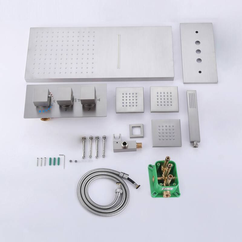 High-pressure Square Thermostatic Rainfall Shower System with HandheldShower & 3 Massaging Jets