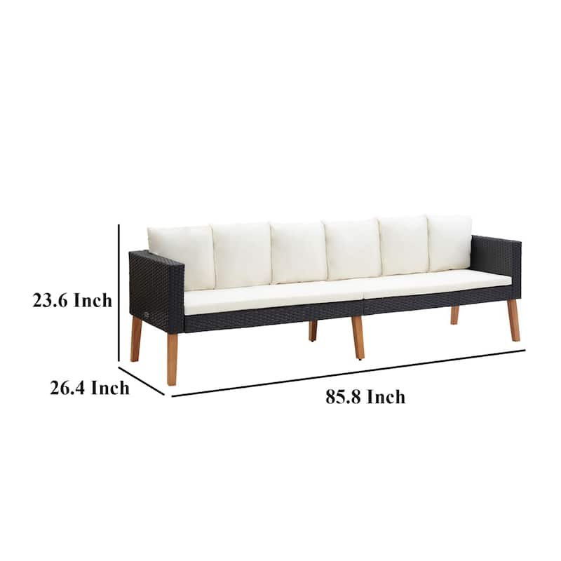 3 Seater Outdoor Sofa with White Fabric Cushions, Black Rattan 86 Inch