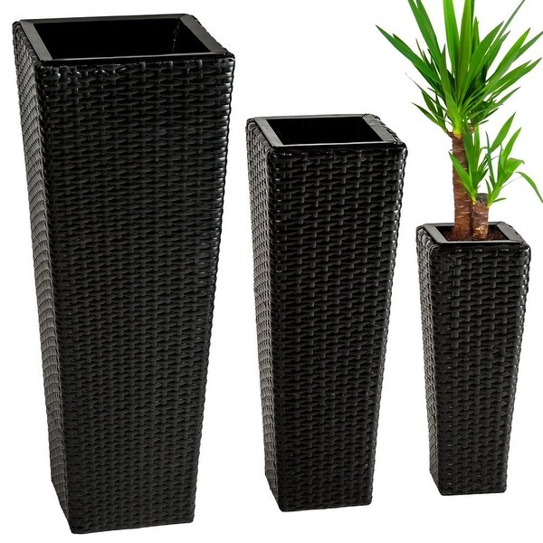3X Rattan Garden Tube Planter Vase Flower Pots Patio Furniture Garden - Black