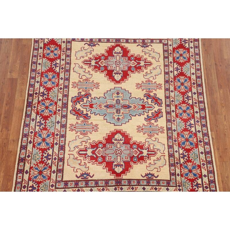 Geometric Beige Kazak Area Rug Hand-Knotted Bedroom Wool Carpet - 4'10" x 6'5"