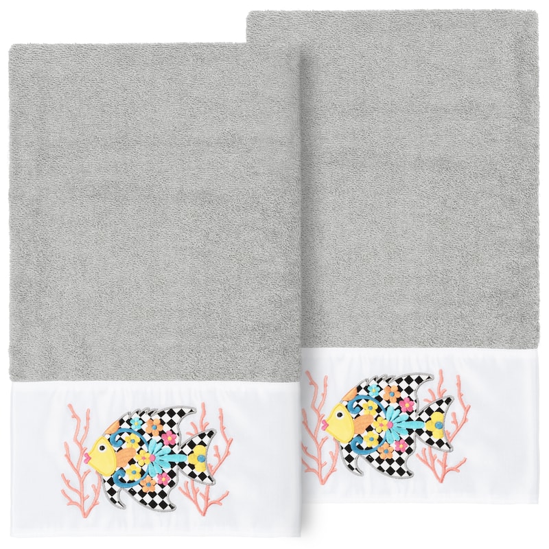 Authentic Hotel and Spa 100% Turkish Cotton Feliz 2PC Embellished Bath Towel Set - Light Gray