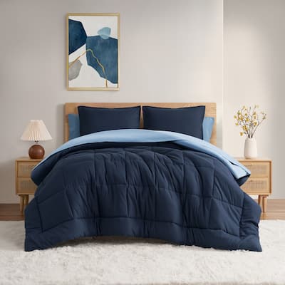 Solid Reversible Blue Comforter Set With Sheet Set