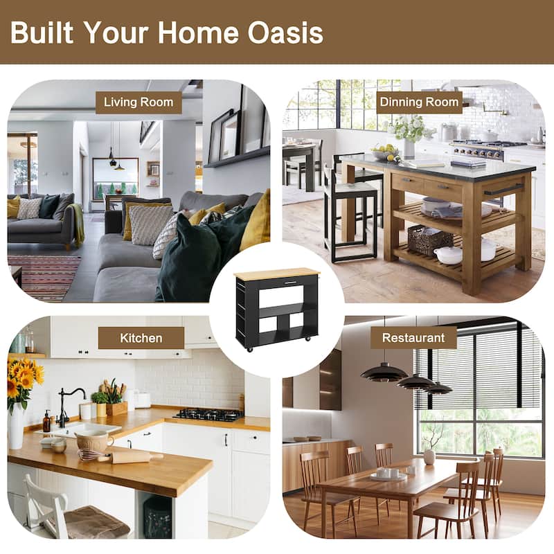 Kitchen Island with Towel Rack – Mobile Cart with Rubber Wood Top, Easy-Glide Storage
