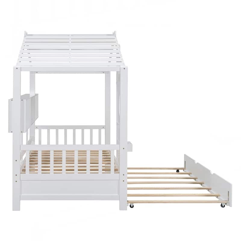 Wooden Twin Size House Bed With Trundle, Modern Design for Kids with Storage Shlef